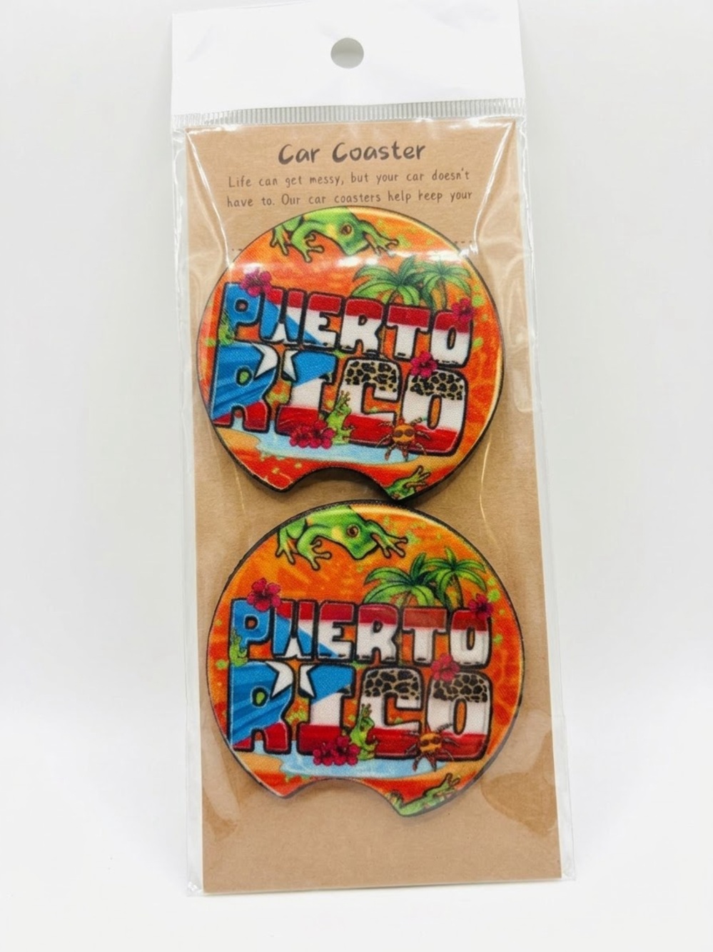 Puerto Rico Car Coaster Set - Bright Orange Tropical Design, NEW!